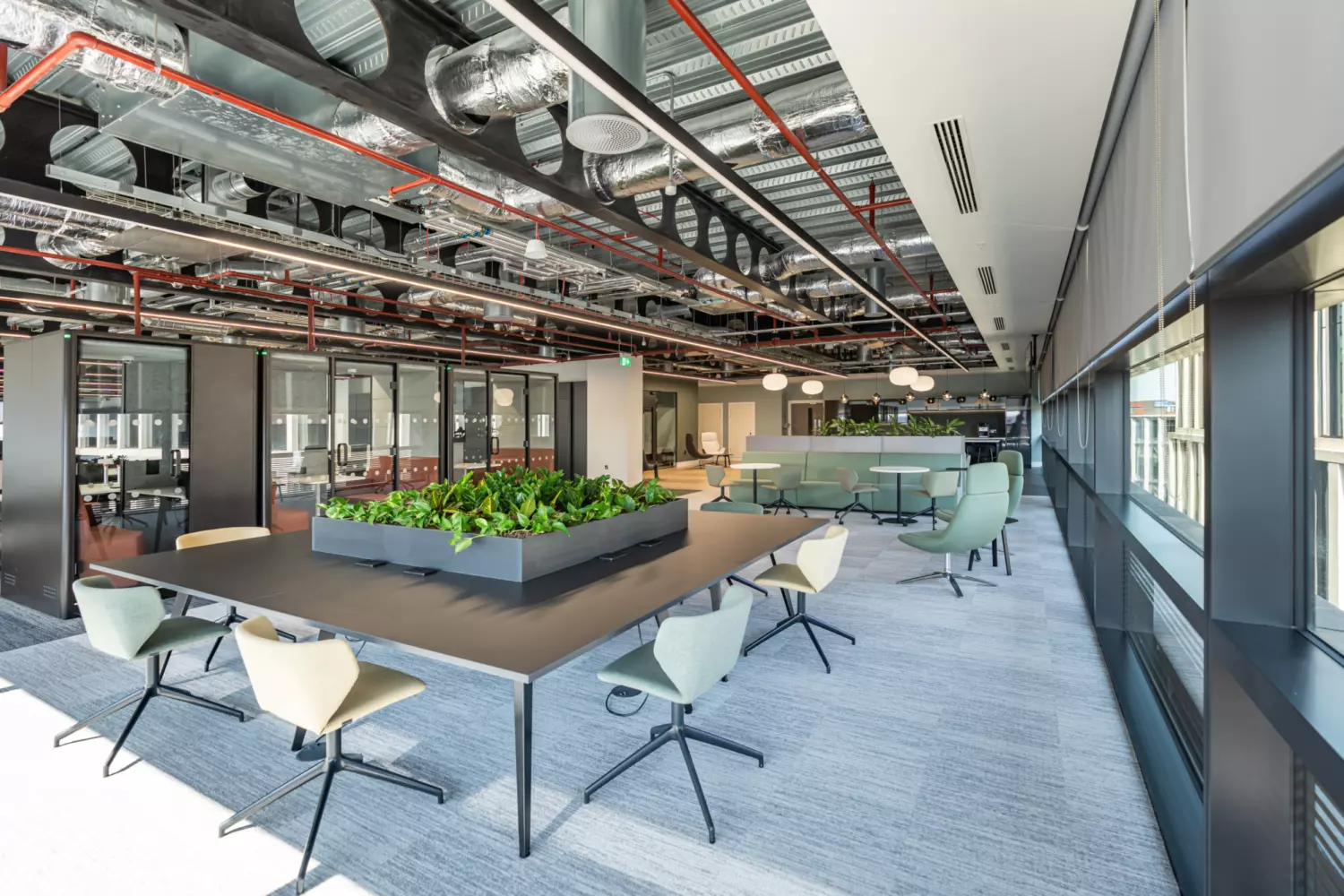 A modern open plan office with an industrial aesthetic featuring exposed ceilings with visible ductwork and piping. Large windows on the right side let in natural light. A long rectangular table with a central planter box filled with green plants sits in the middle, surrounded by swivel chairs in muted green and beige. Toward the back, casual meeting areas include round tables and comfortable chairs. The floor is covered in light grey carpet tiles, contributing to the contemporary look.