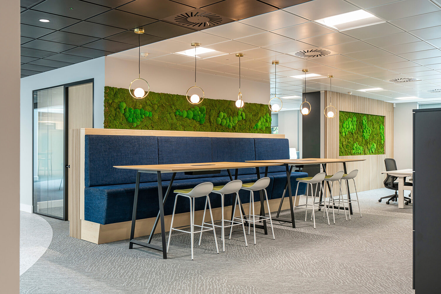 Bench seating with a moss wall detailing