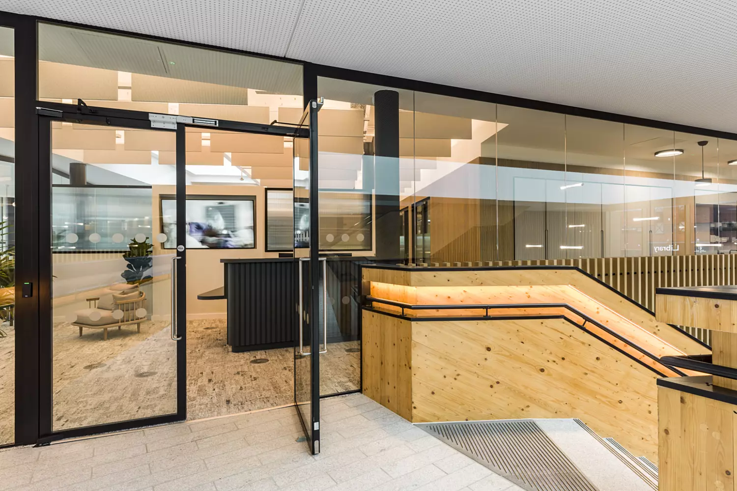 Glazing and timber staircase at UC Lan