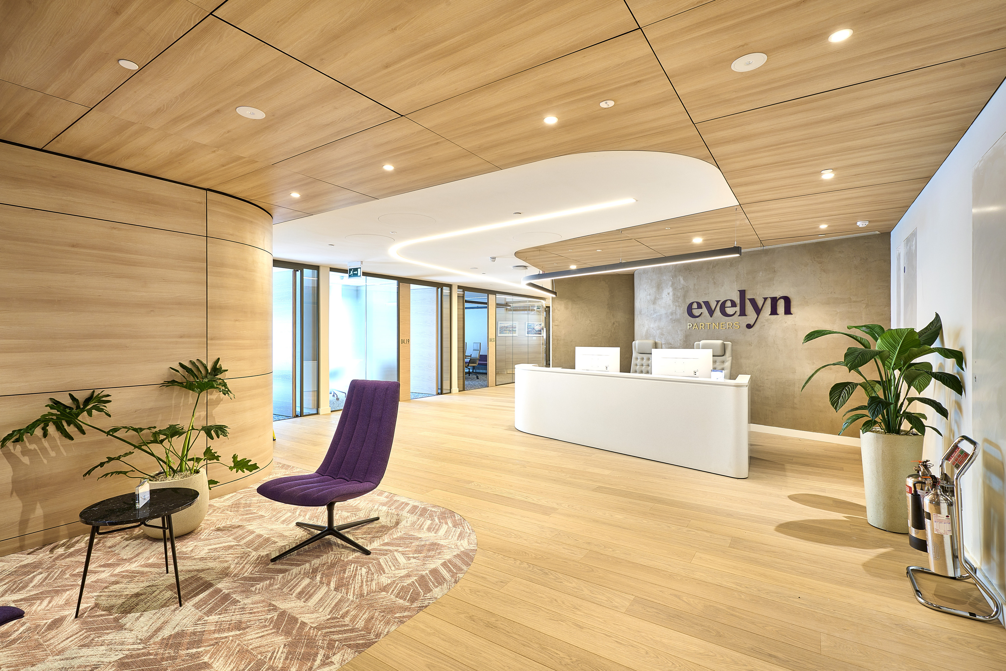 Modern office reception with a minimalist design featuring light wood flooring and curved timber wall panels. The ceiling has matching timber finishes with recessed lighting and integrated acoustic panels. A sleek white reception desk sits against a textured wall with the Evelyn Partners logo. The space includes contemporary furniture such as a purple lounge chair, a patterned rug, and indoor plants for a natural touch. Glass partitions in the background lead to meeting rooms, allowing natural light to flow through.