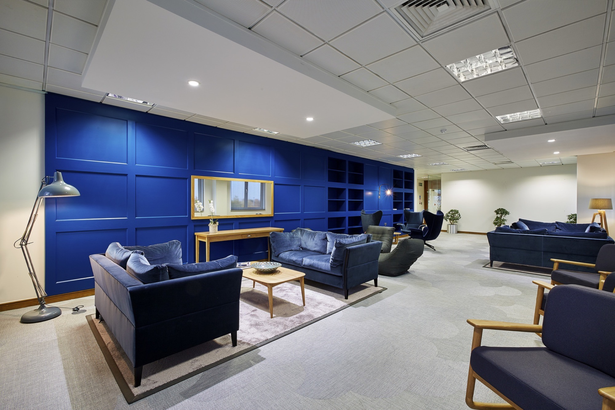 Blue panelled walls in reception fit out