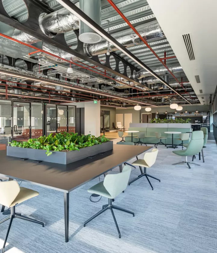A modern open plan office with an industrial aesthetic featuring exposed ceilings with visible ductwork and piping. Large windows on the right side let in natural light. A long rectangular table with a central planter box filled with green plants sits in the middle, surrounded by swivel chairs in muted green and beige. Toward the back, casual meeting areas include round tables and comfortable chairs. The floor is covered in light grey carpet tiles, contributing to the contemporary look.