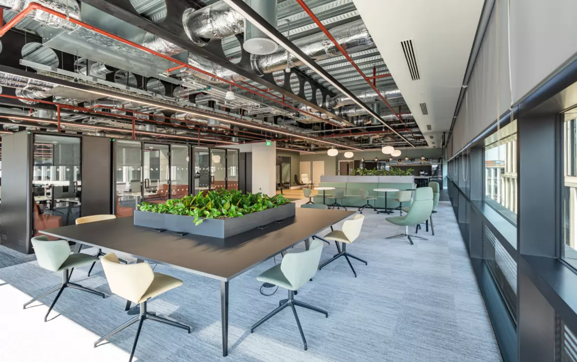 A modern open plan office with an industrial aesthetic featuring exposed ceilings with visible ductwork and piping. Large windows on the right side let in natural light. A long rectangular table with a central planter box filled with green plants sits in the middle, surrounded by swivel chairs in muted green and beige. Toward the back, casual meeting areas include round tables and comfortable chairs. The floor is covered in light grey carpet tiles, contributing to the contemporary look.