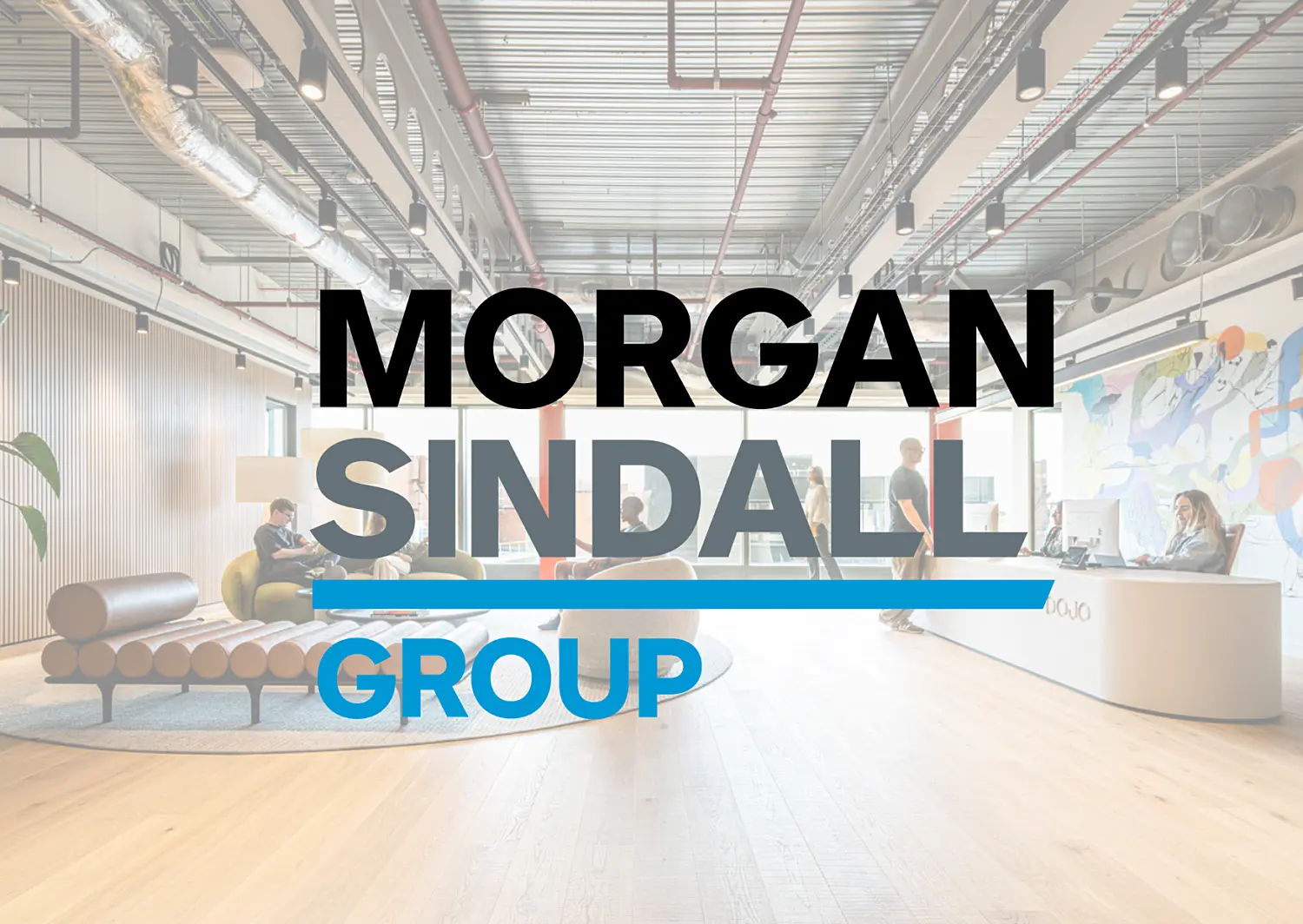 The Morgan Sindall Group logo in front of a modern office reception area