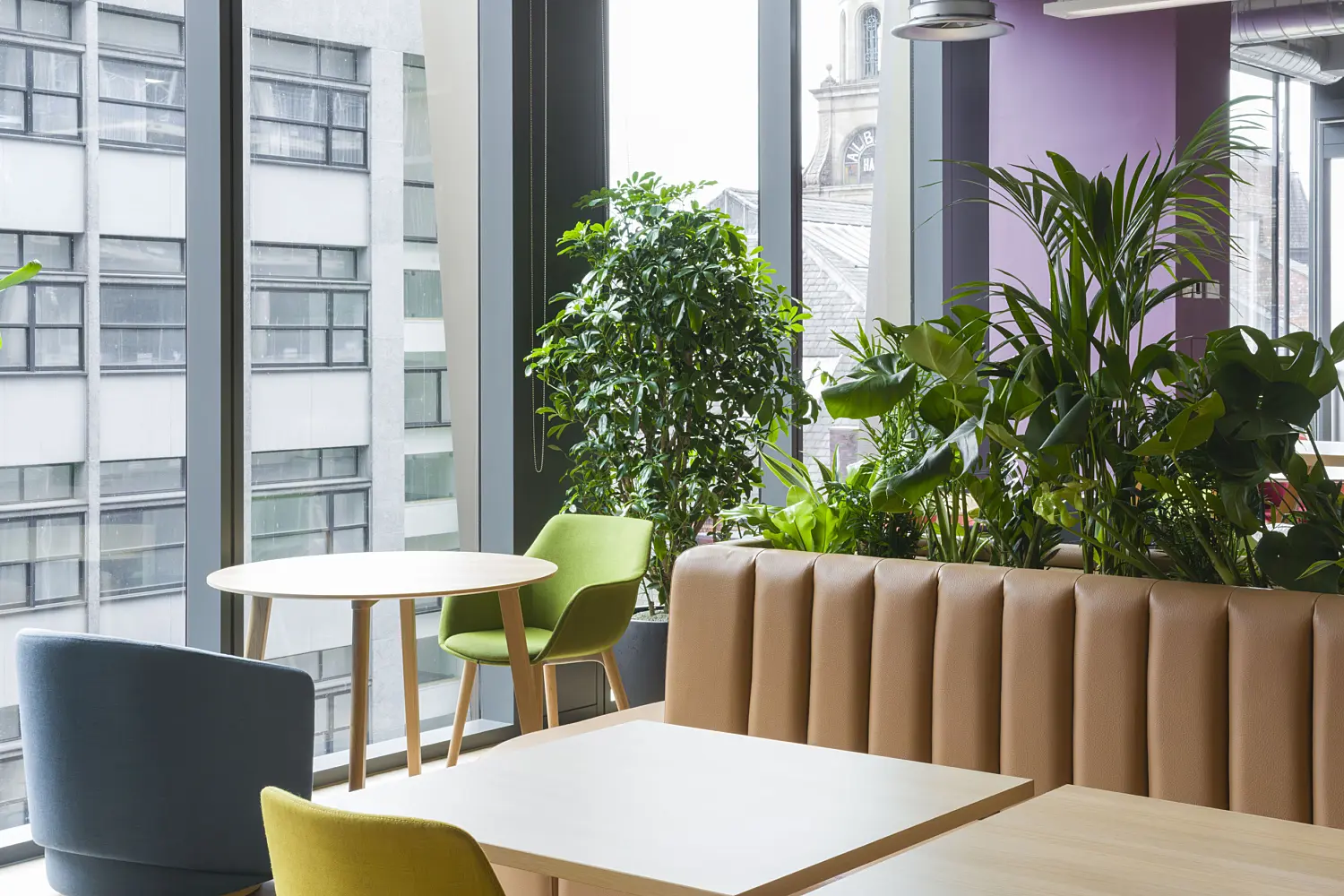 A bright office lounge area with floor to ceiling windows, modern tables and colourful chairs. A long tan upholstered booth sits beside a cluster of indoor plants. Exposed ductwork, acoustic panels and large windows overlooking nearby buildings are visible.