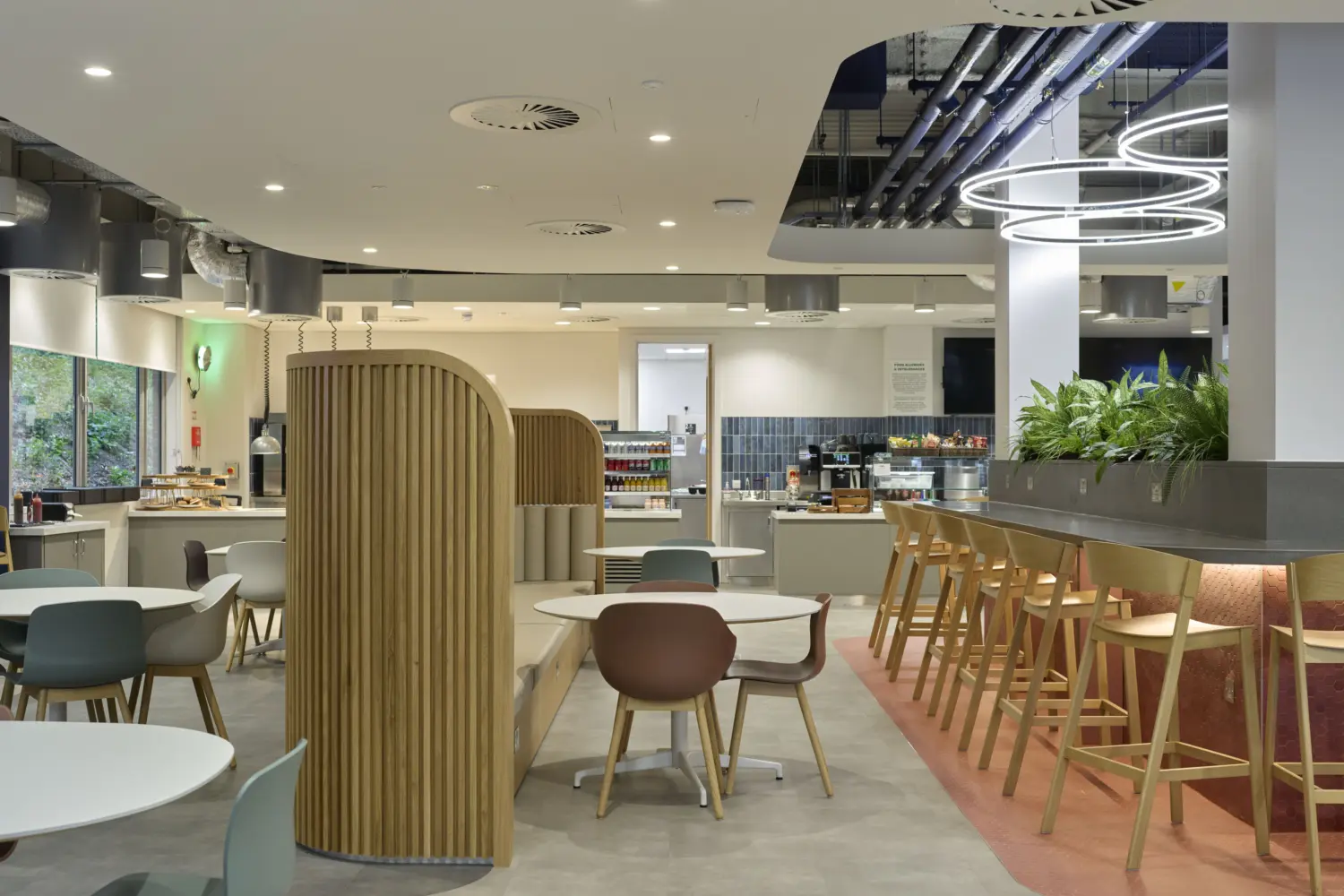 Modern office café and breakout space with round dining tables, a high communal counter and integrated planting. Curved timber screens and built-in booth seating create defined seating areas within the open-plan environment, while a café servery and refreshment area sit in the background. Circular acoustic ceiling features, pendant lighting and exposed services contribute to the contemporary workplace design, complemented by a soft palette of muted colours and natural materials.