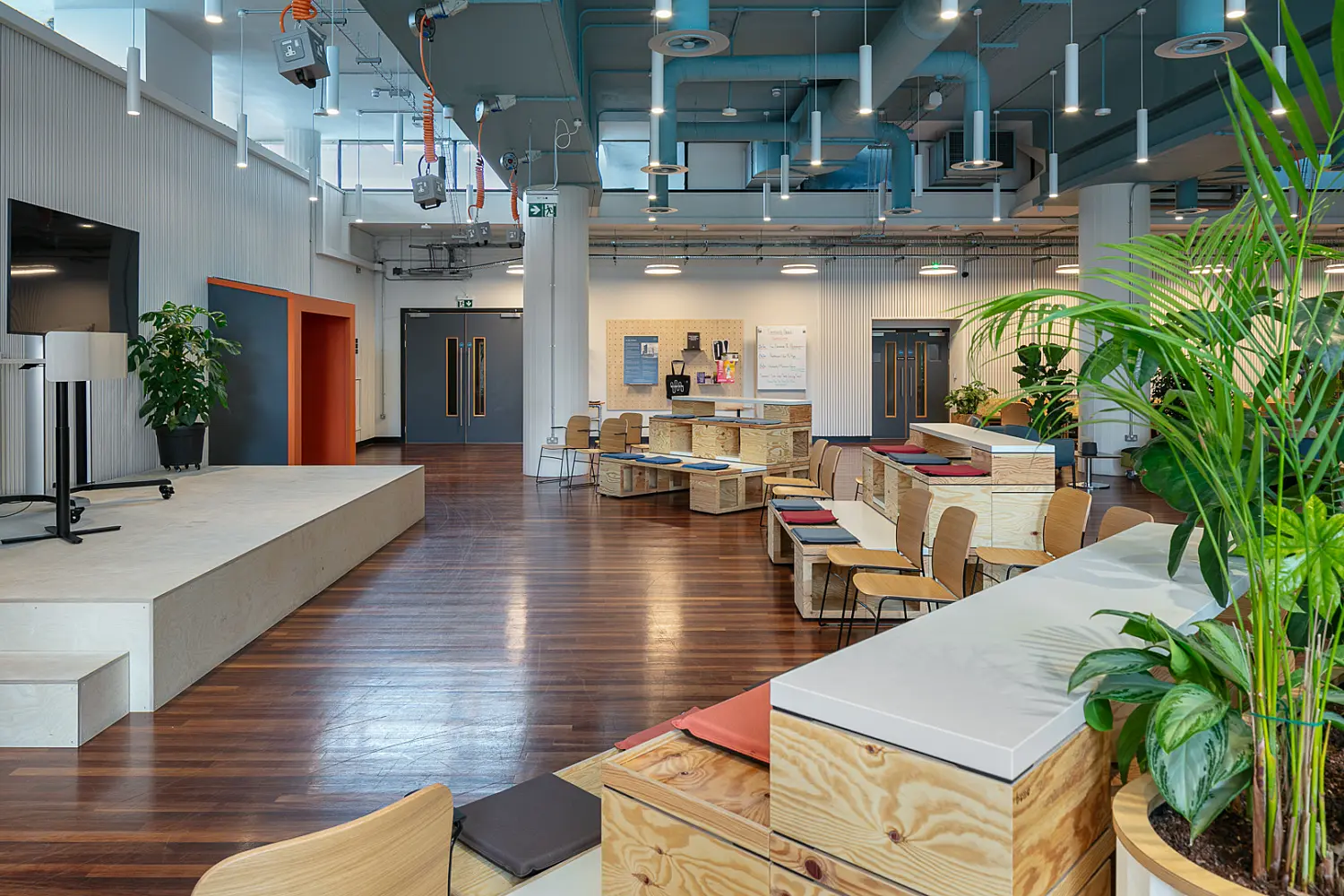 Large multi-purpose collaboration space with a presentation stage, tiered timber seating and polished wood flooring. The interior features a blue-painted exposed ceiling with visible ductwork, suspended lighting and hanging power outlets. Built-in bench seating with colourful cushions provides informal gathering areas, while large plants are positioned throughout the space. A display screen and lectern on the stage support presentations and events, creating a flexible environment for meetings, workshops and social activities.