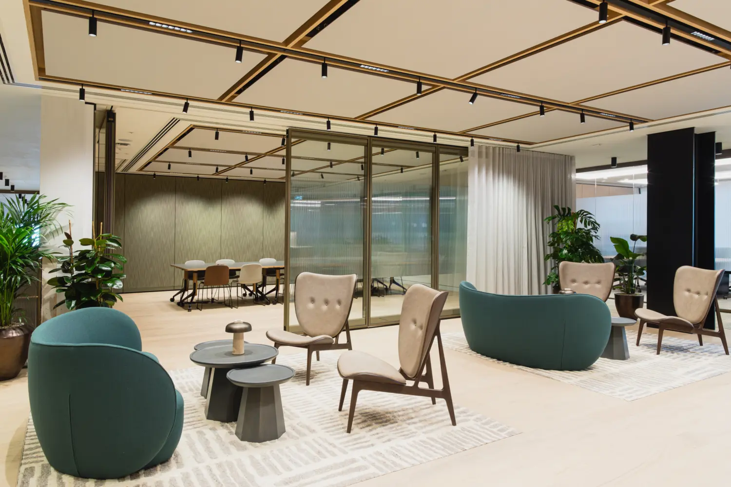 Contemporary breakout and collaboration area with curved teal sofas, upholstered lounge chairs and nested side tables arranged on patterned rugs. Glass-enclosed meeting spaces sit behind the seating area, while decorative ceiling panels with integrated track lighting, large indoor plants and soft neutral finishes create a bright, modern workplace designed for informal meetings and team collaboration.