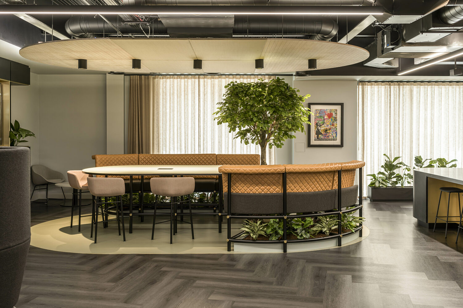Textured collaborative workspace in Leeds office with biophilia