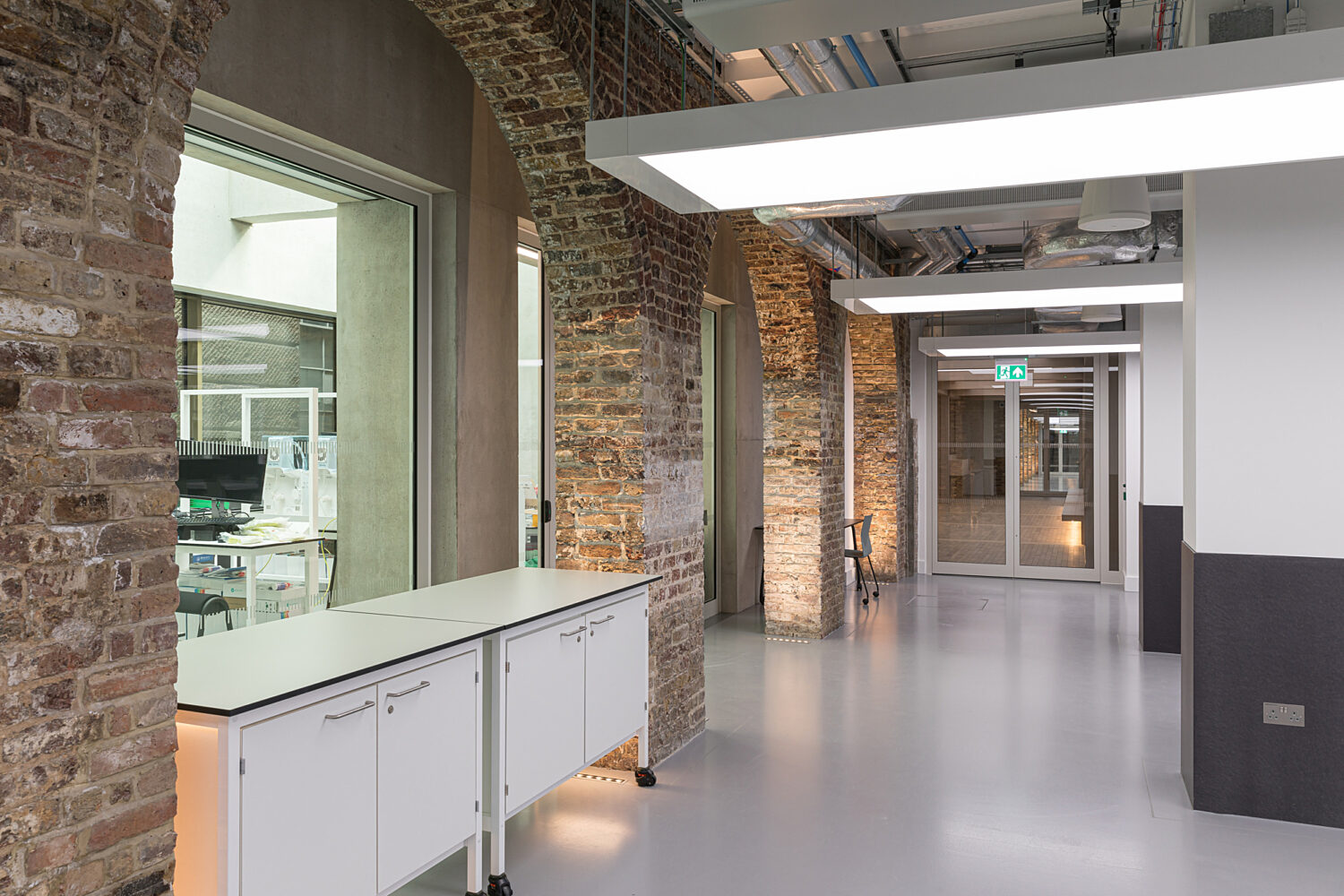 Exposed brickwork at Kings College London research facility