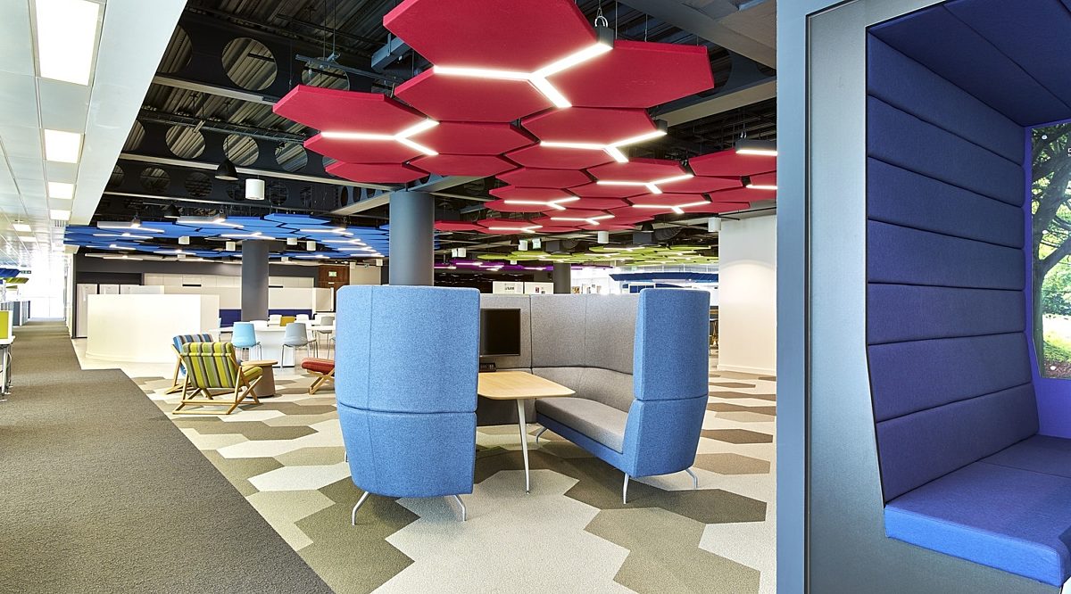 Thales office fit out with hexagonal acoustic panels