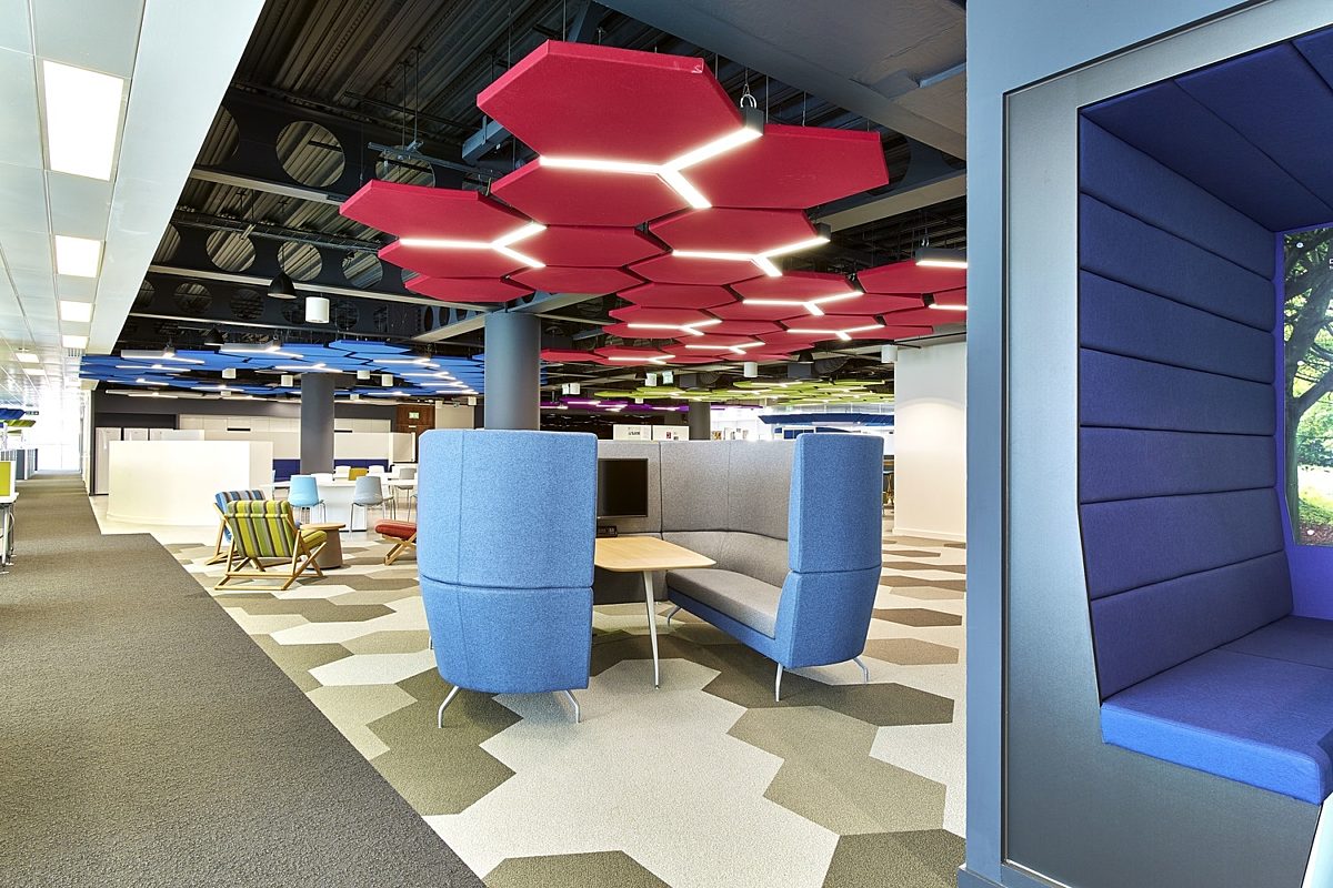 Thales office fit out with hexagonal acoustic panels