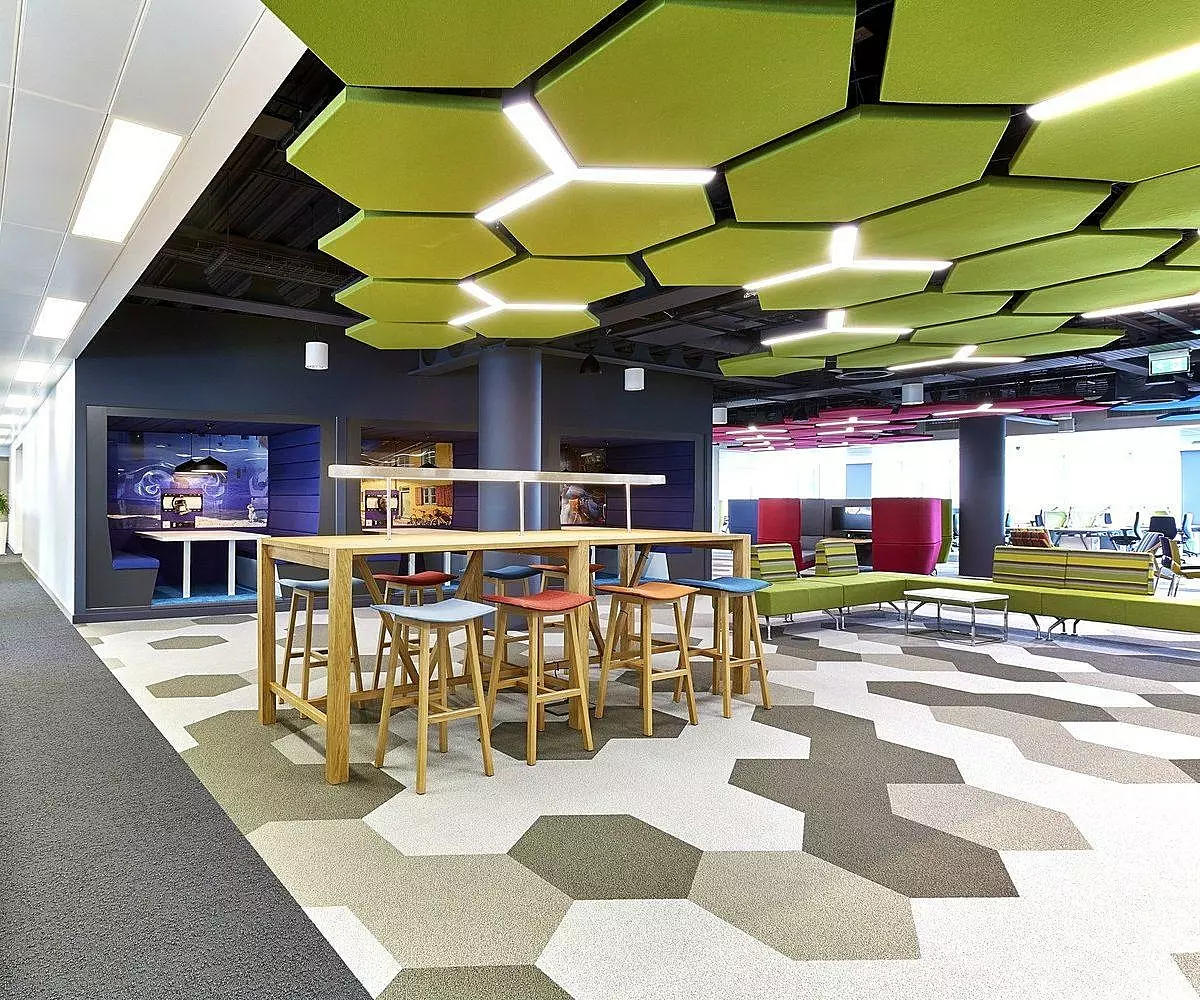 Hexagonal acoustic ceiling panels in office fit out
